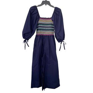 Cara Cara Jazzy Jumpsuit Size S Navy Blue Smocked Wide Leg Square Neckline